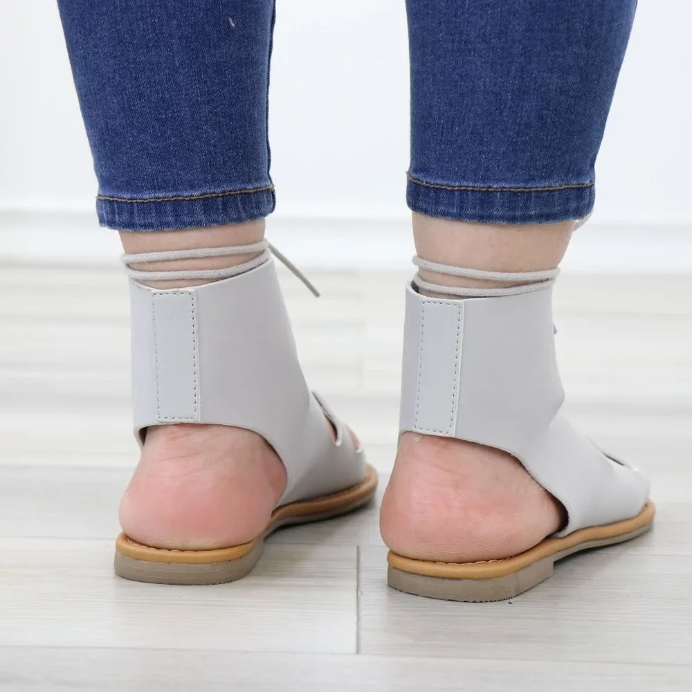 Gray Gladiator Laced-Up Bootie Style Flat Sandals - Picture 14 of 14